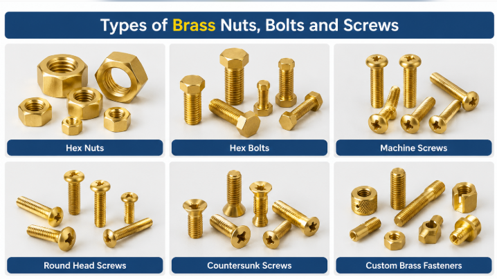 Types of brass nuts, bolts and screws including hex nuts, hex bolts, machine screws, round head screws, countersunk screws and custom brass fasteners.